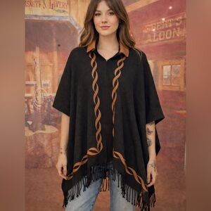 Nativo Original Black Western Cape Poncho w/ Leather Trim + Fringe
